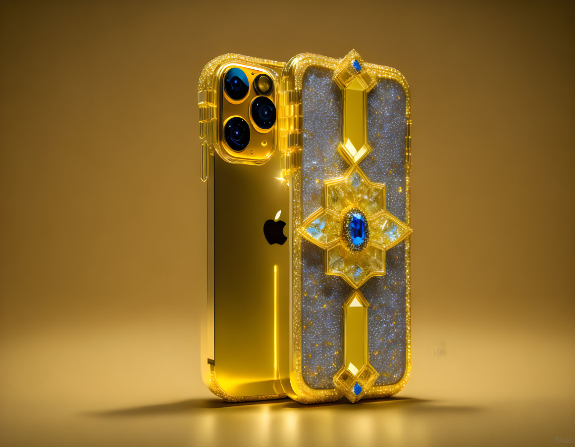 Luxurious Golden iPhone with Gem-Encrusted Edges on Gold Background