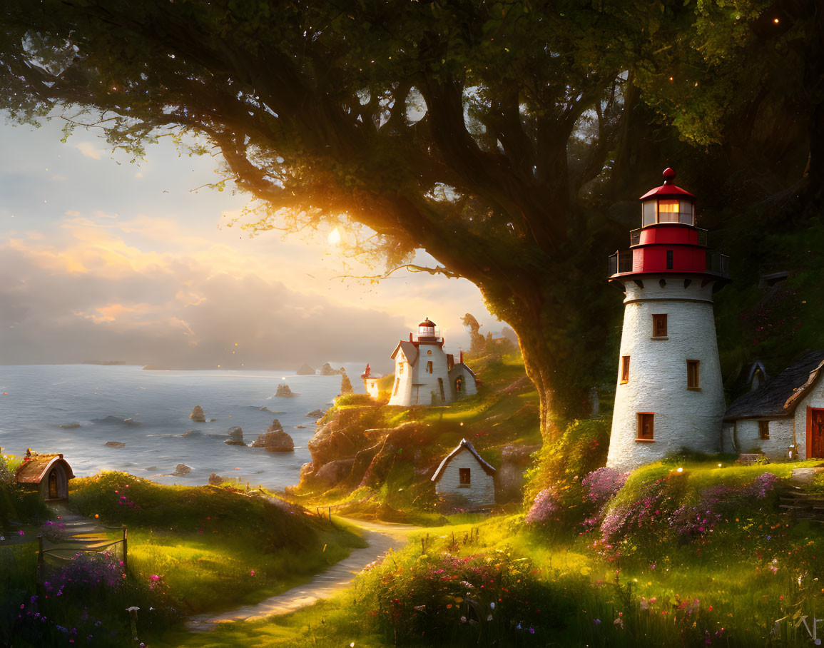 Tranquil sunset scene: lighthouse, cottage, tree, serene sea, rocks