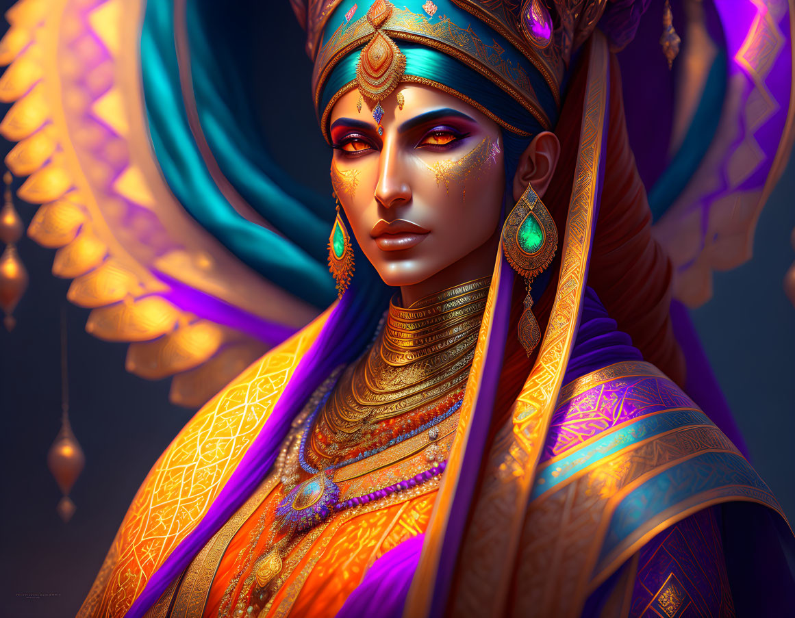 Digital artwork featuring woman in golden jewelry and purple garment against peacock feather motif.