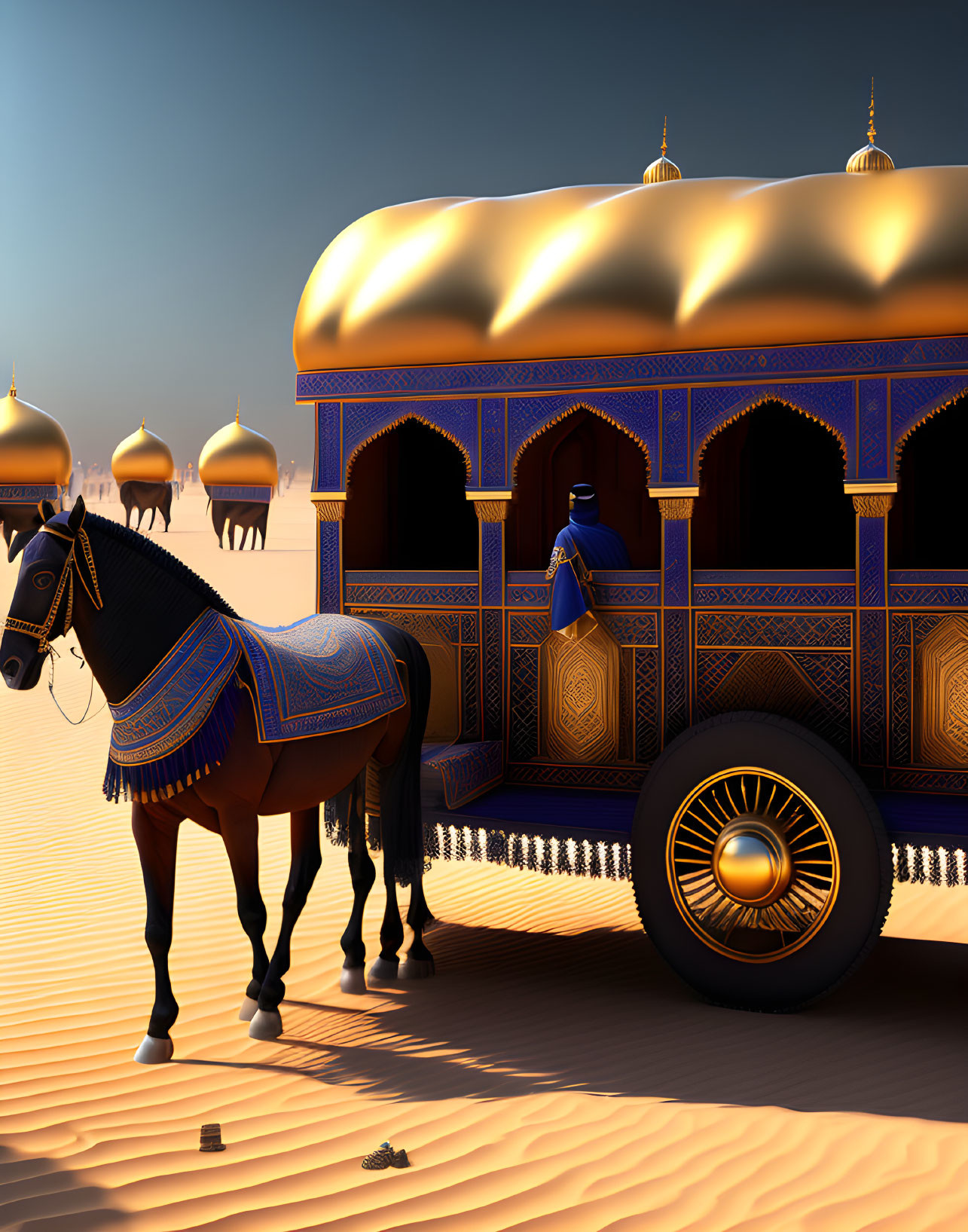 Intricate blue and gold horse-drawn carriage in desert with traditional garb driver and domed