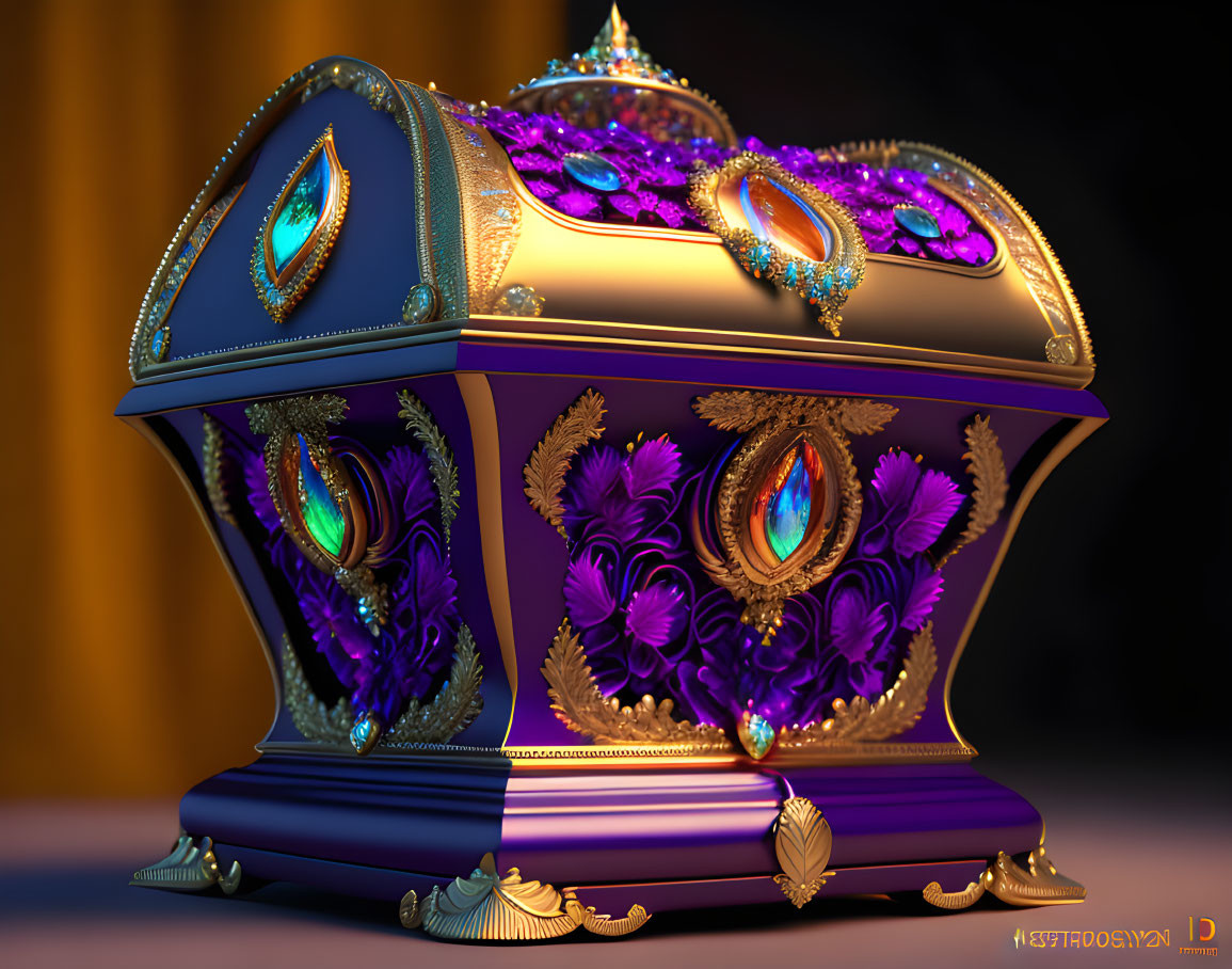 Ornate jewel-encrusted treasure chest in vibrant blue and purple with gold trimmings