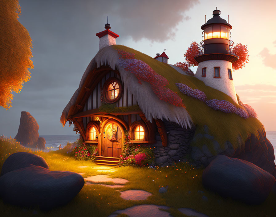 Thatched Roof Cottage with Lighthouse in Serene Dusk Landscape