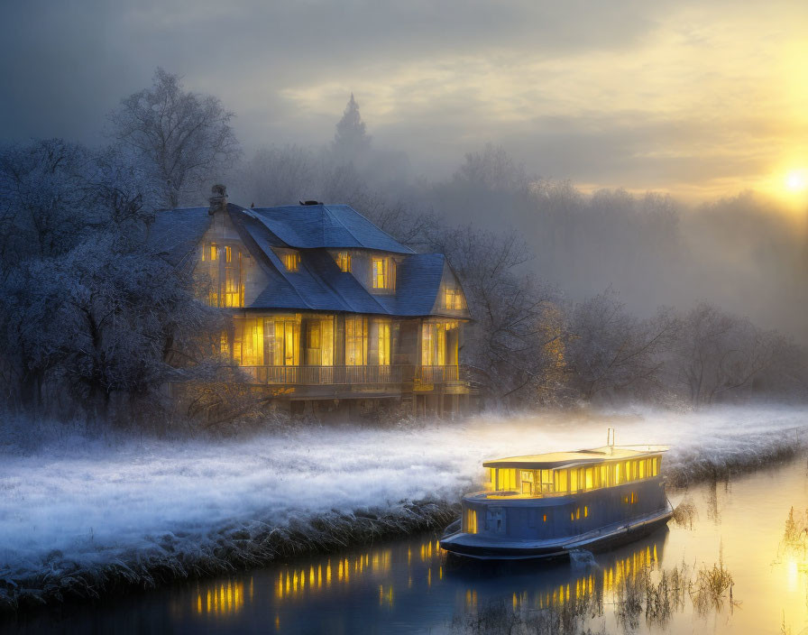 Winter sunrise scene: cozy house by frosty river with vintage boat in calm water