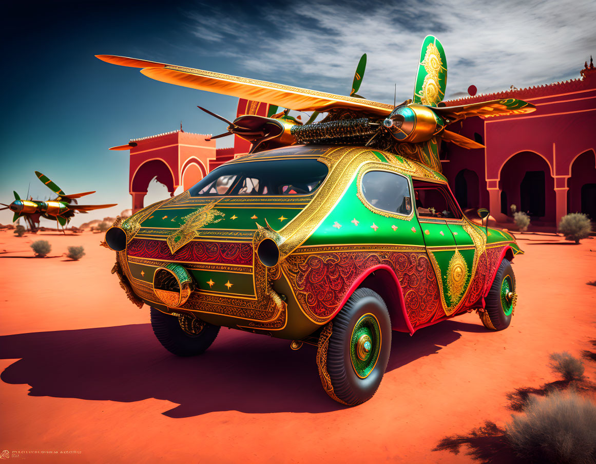 Colorful flying cars parked in desert with ornate buildings in background