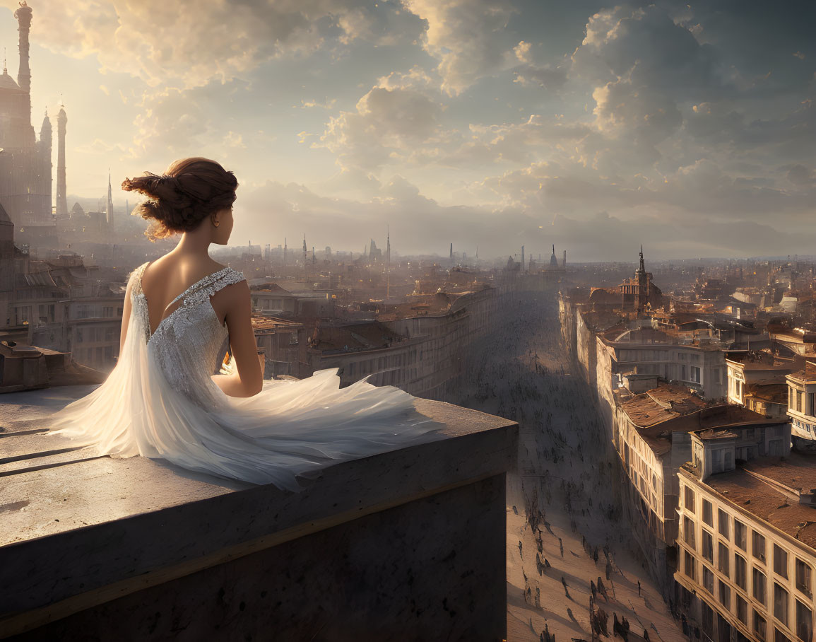 Woman in white dress on high ledge with historic cityscape and dramatic clouds.