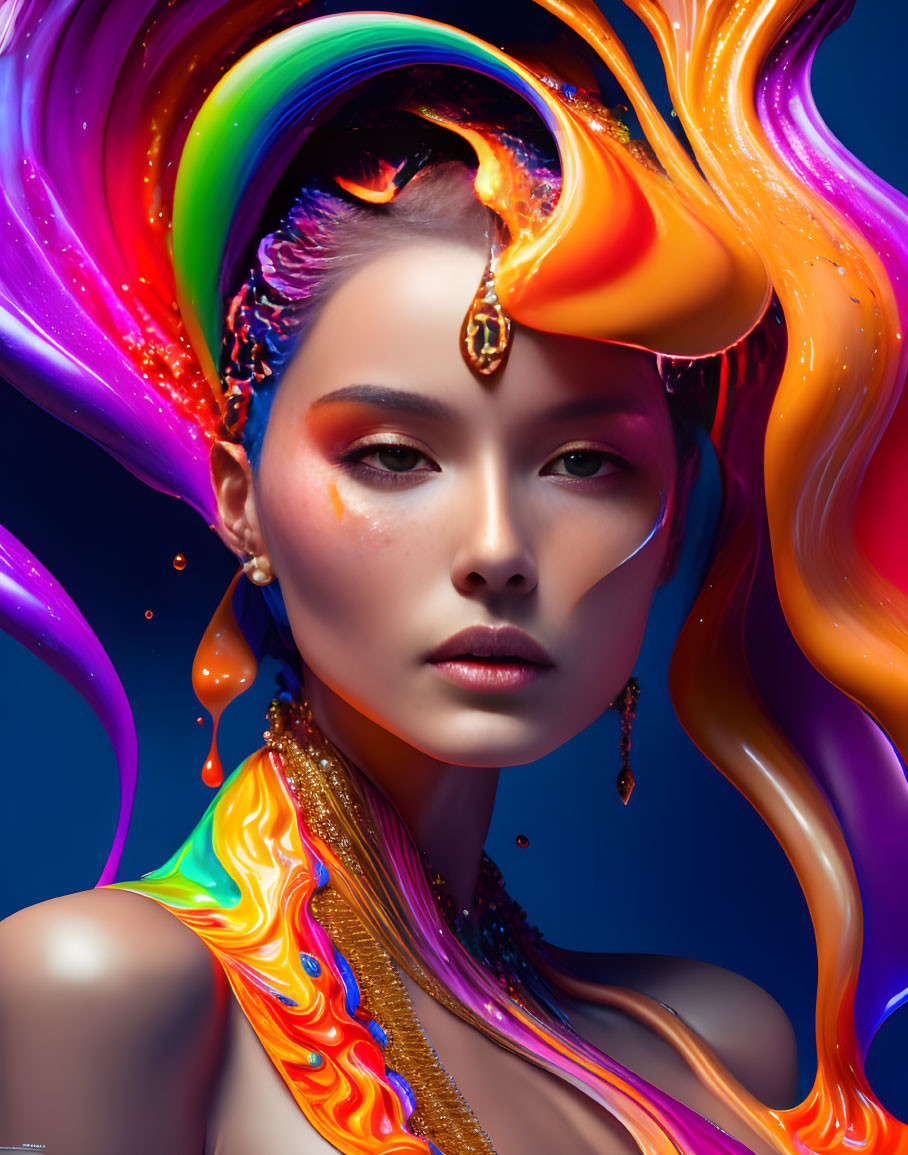 Woman with vibrant makeup surrounded by flowing liquid colors on blue background