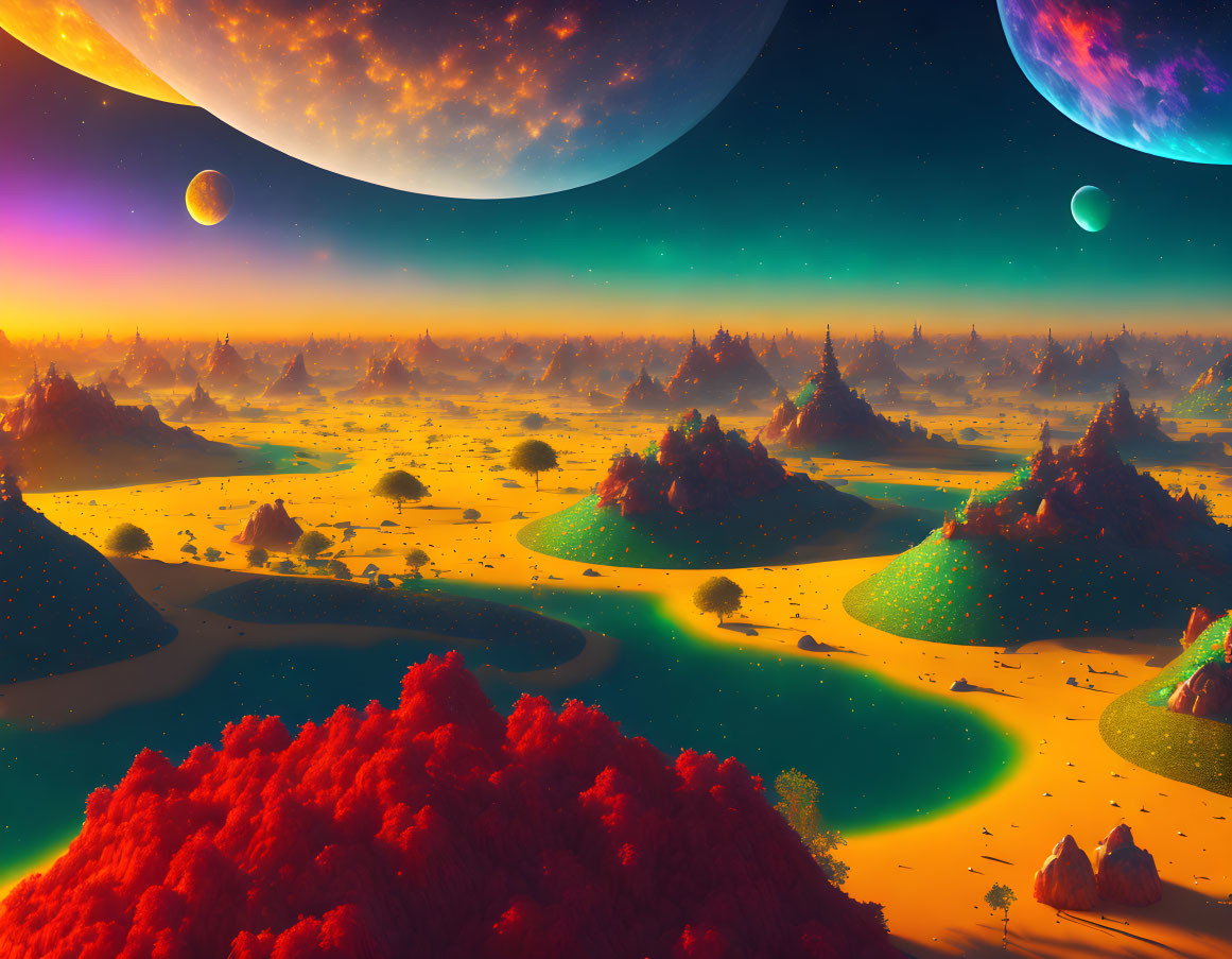 Colorful Sci-Fi Landscape with Orange Flora, Rivers, and Celestial Bodies