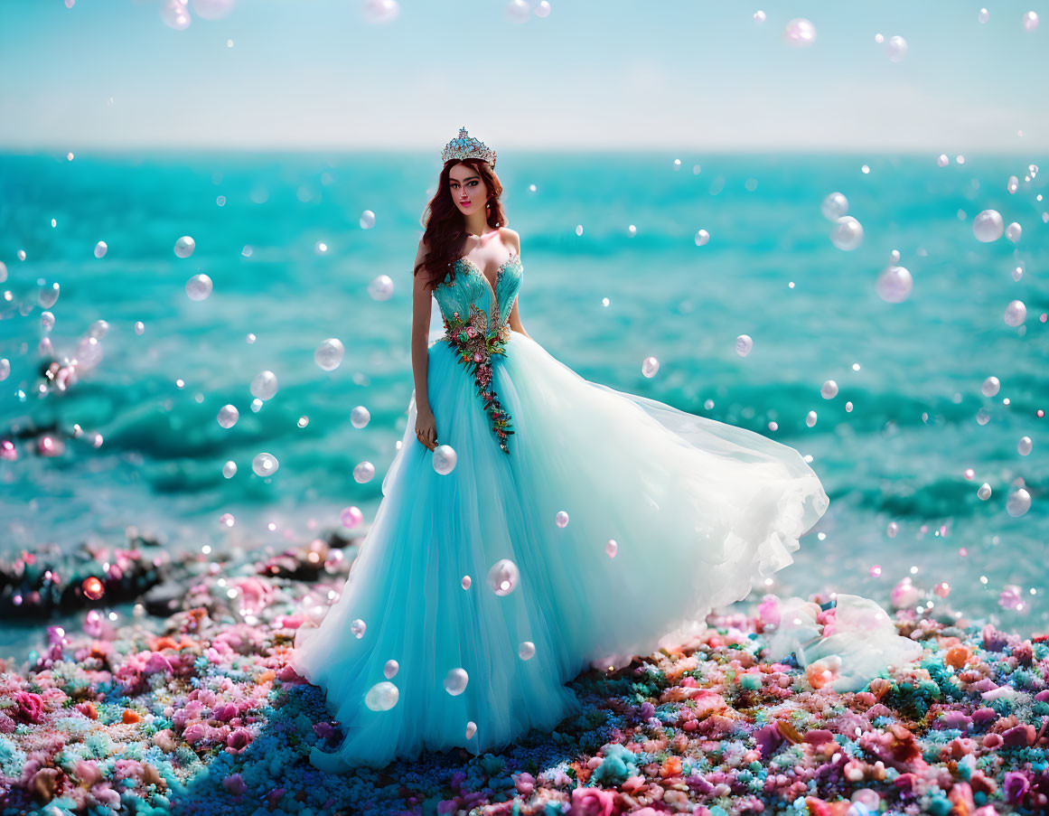 Woman in Blue Gown on Colorful Floral Shore