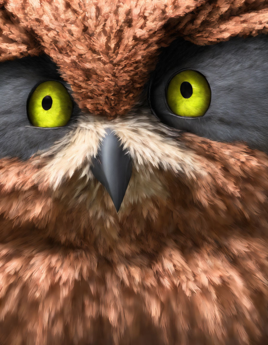 Detailed close-up of owl with vibrant green eyes and intricate feather patterns