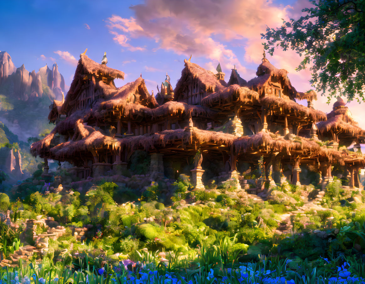 Thatched houses in enchanted forest village at sunset