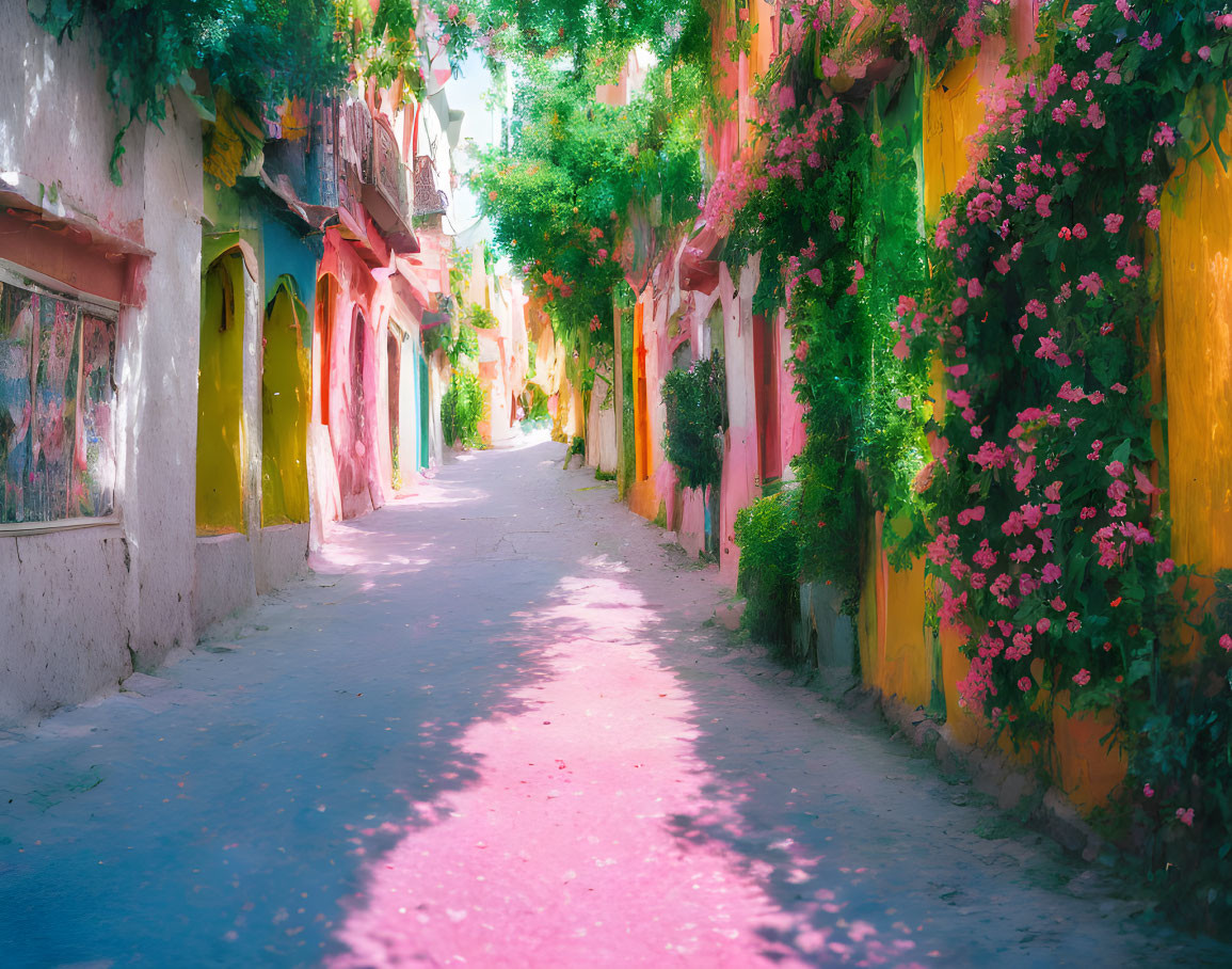 Vibrant alley with pink flowers, pastel walls, and cobblestone path