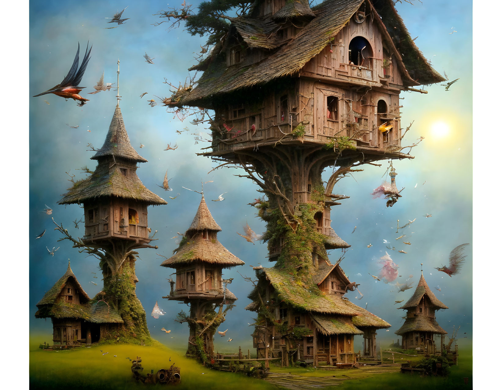 Whimsical village artwork with wooden houses on trees under warm sky