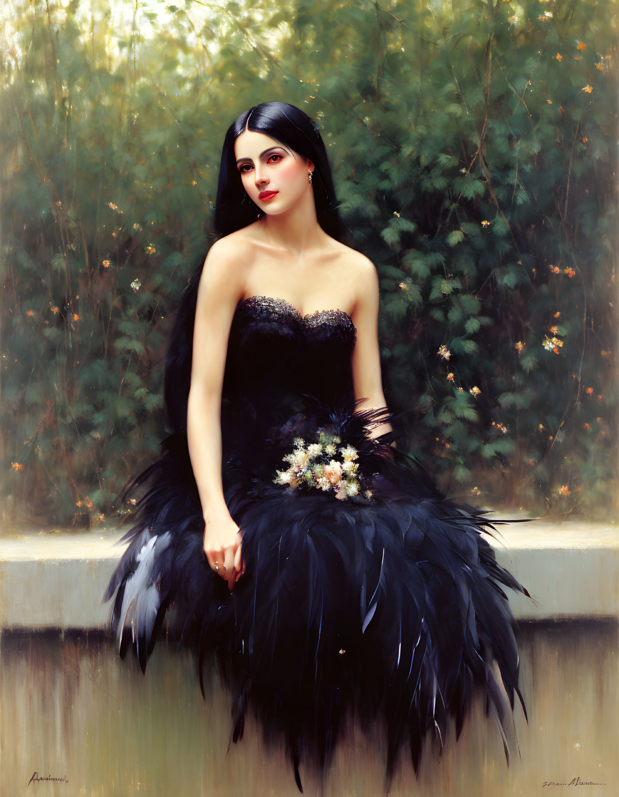 Woman in Black Feathered Dress with Bouquet Against Greenery Backdrop