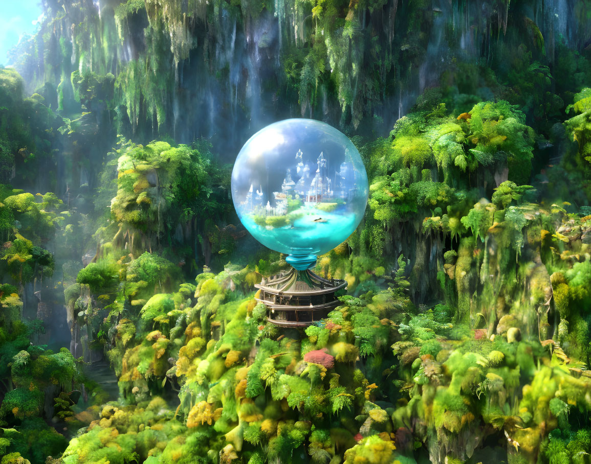 Fantastical landscape with lush forest, waterfalls, crystal ball, floating castle