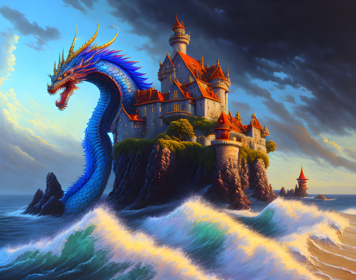 Blue dragon coiled around cliffside castle by the sea