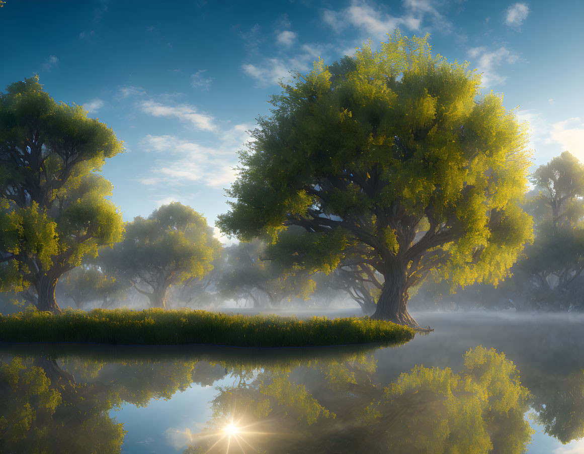 Tranquil lake with lush green trees on misty island