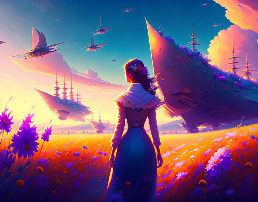 Woman admires fantasy landscape with flying ships and vibrant sunset.