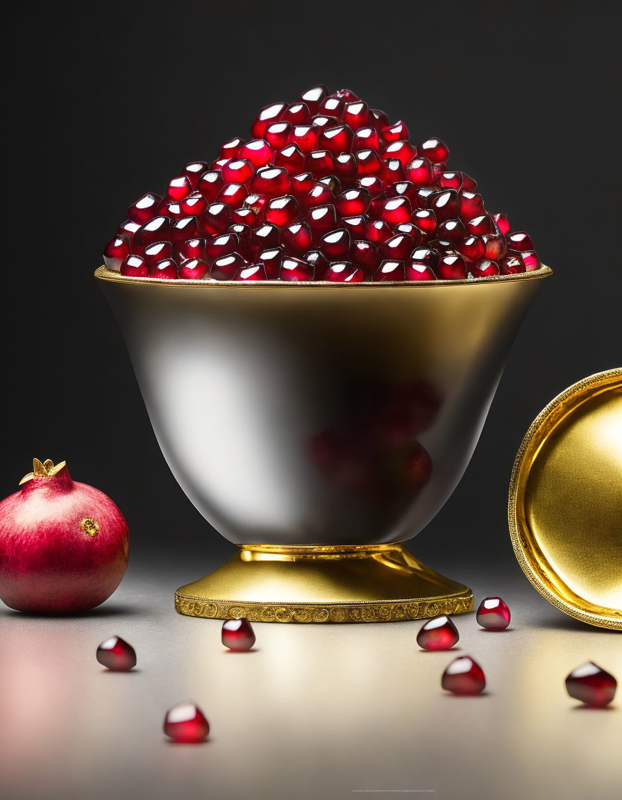 Gold stand with overflowing pomegranate seeds and scattered fruit seeds