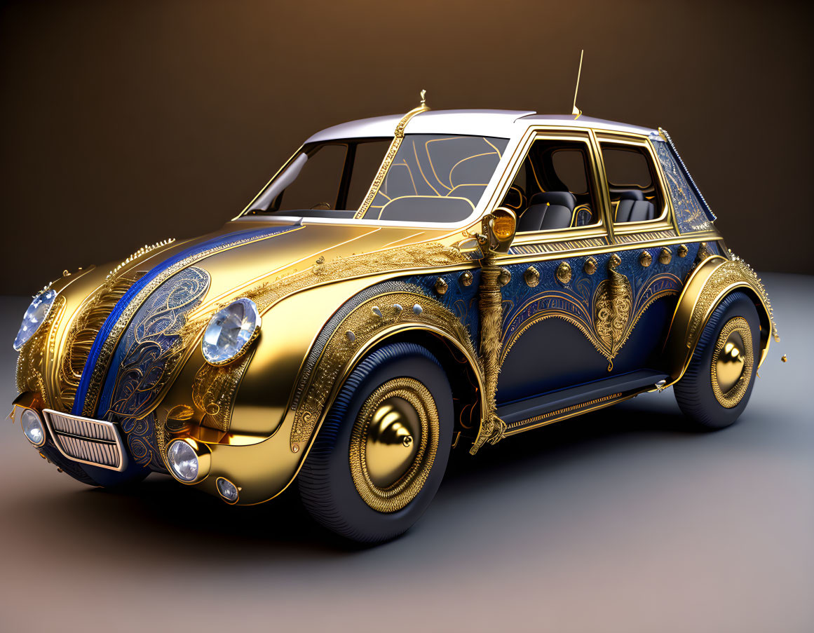 Luxurious Golden Car with Blue Designs and Classic Styling