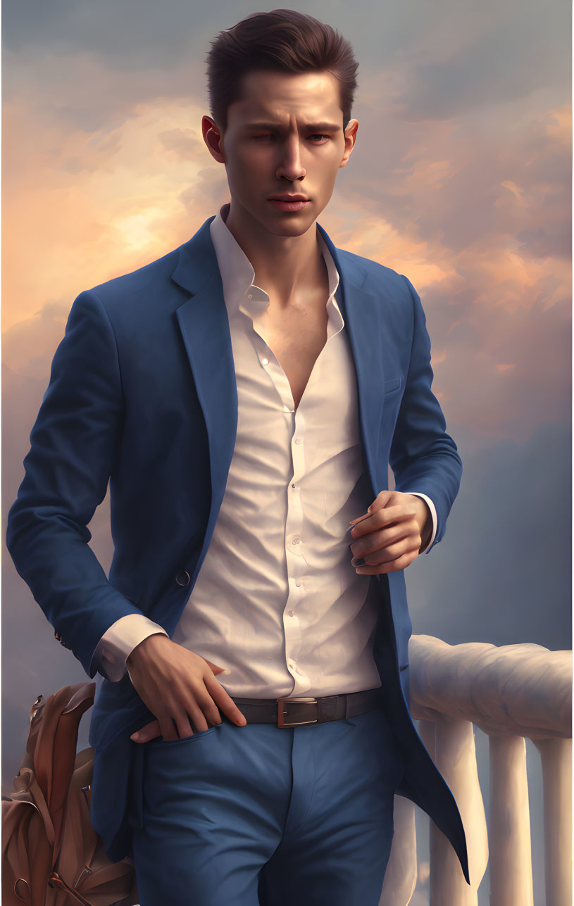 Serious man in blue suit and white shirt by railing with clouds