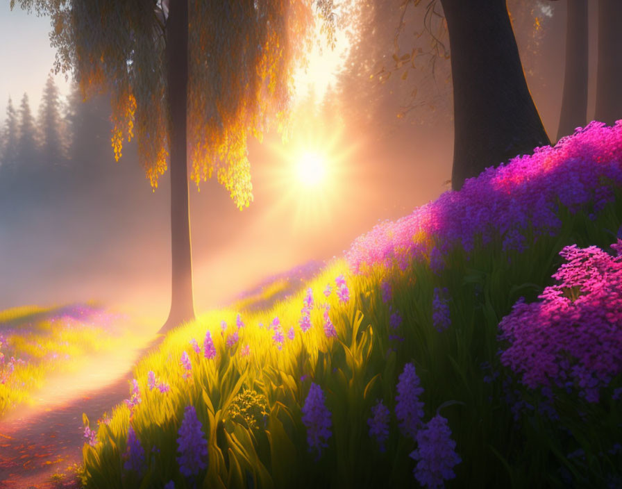 Misty forest sunrise with vibrant flowers and green foliage