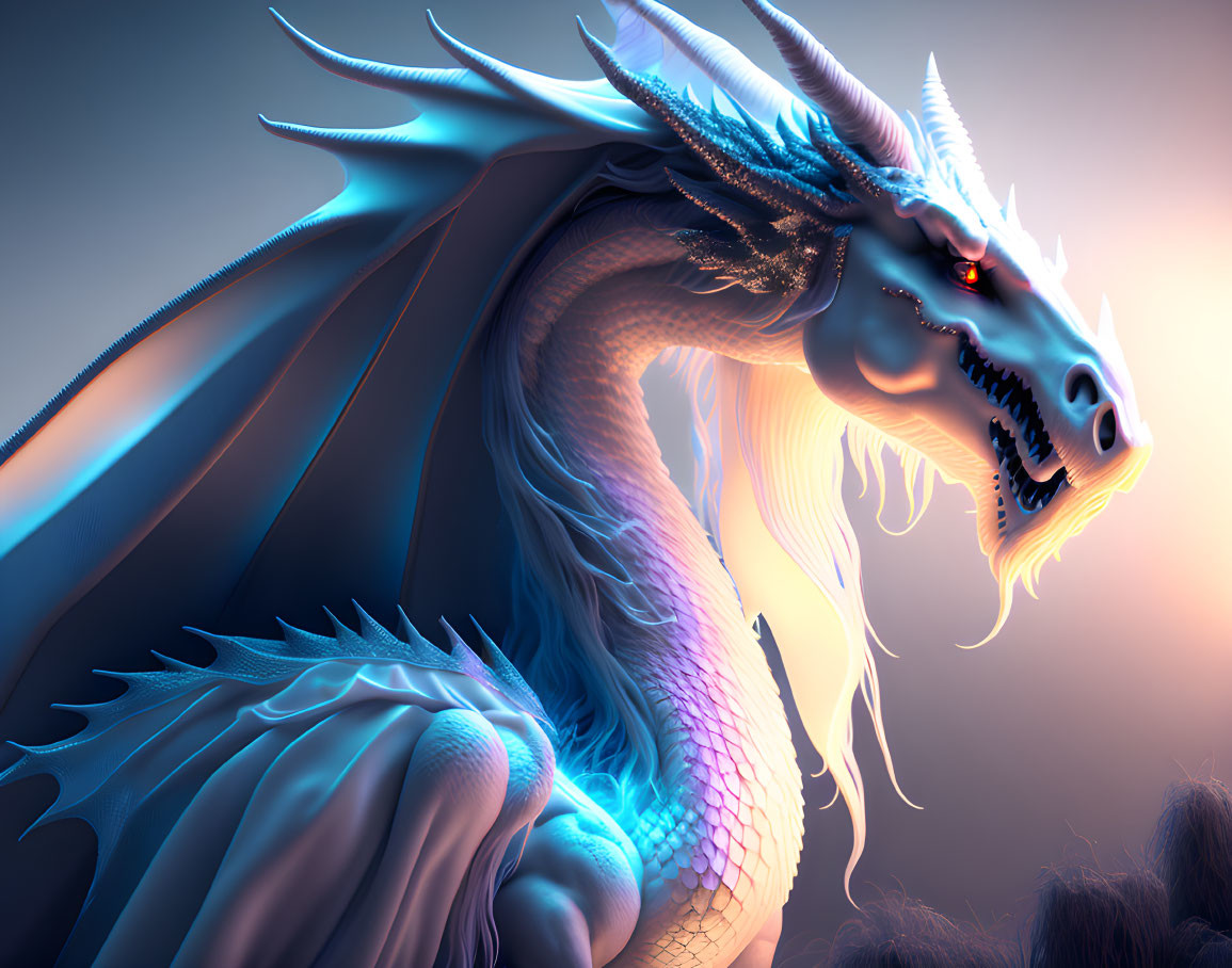 Detailed blue dragon illustration with glowing red eyes and intricate horns on a colorful backdrop