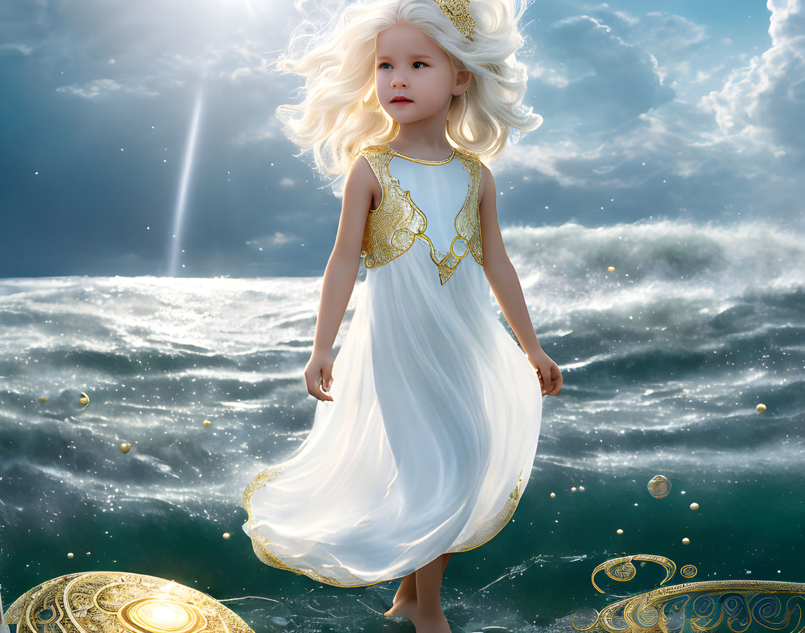 Young girl with white hair and dress on water with golden ornaments amid dramatic waves and clouds