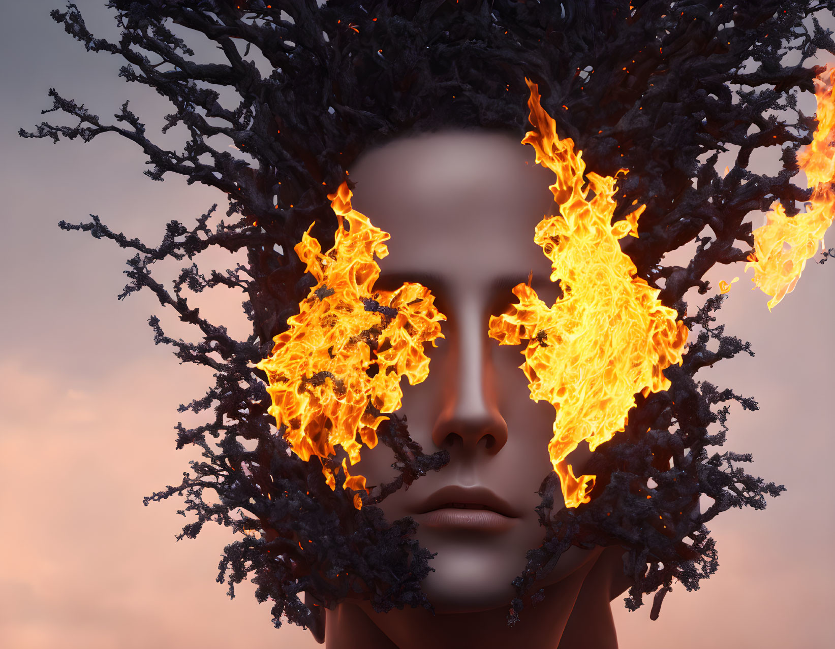 Surreal face with flaming branch hair in dusky sky