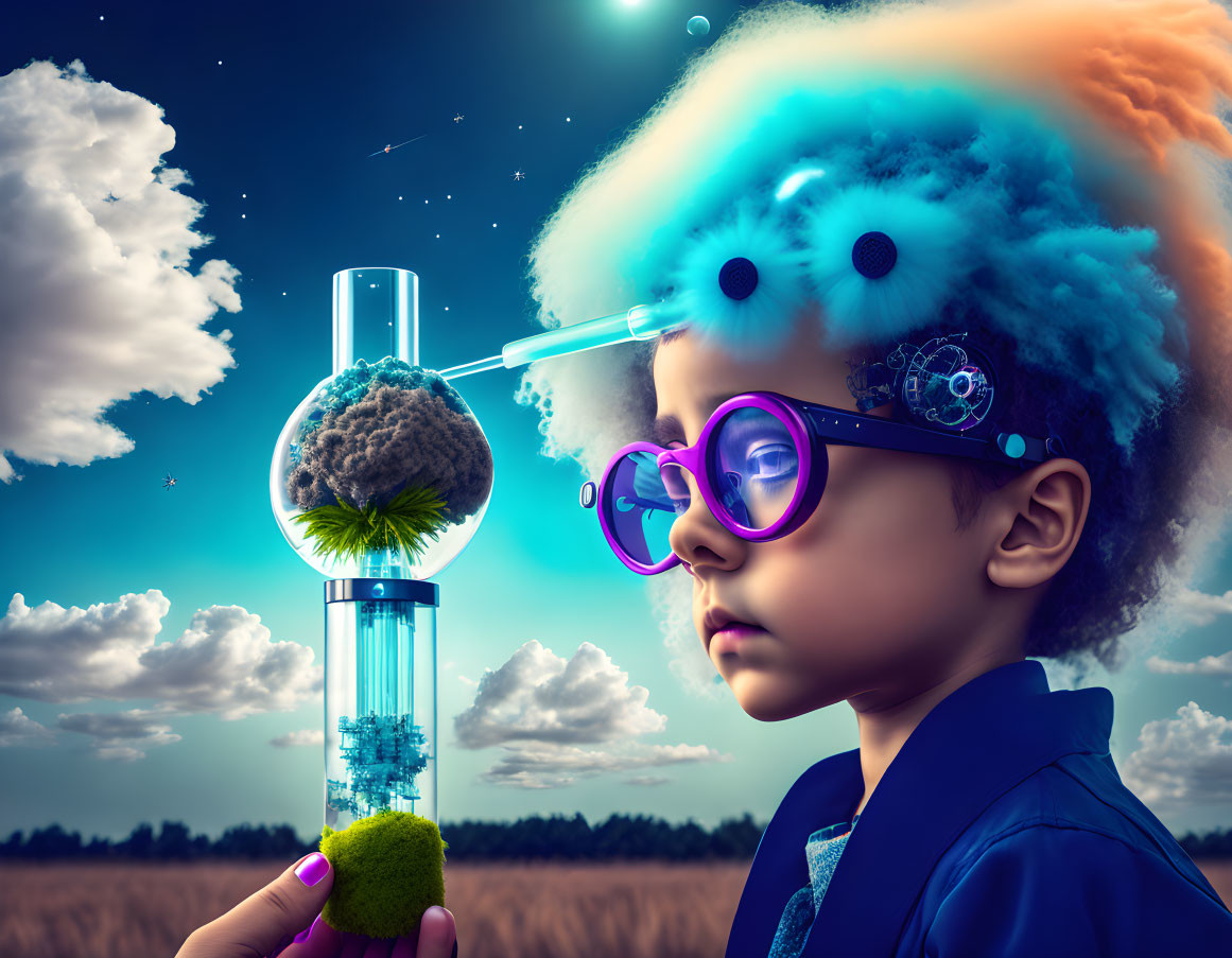 Child with Colorful Brain Hairdo Examines Terrarium Under Cloudy Sky