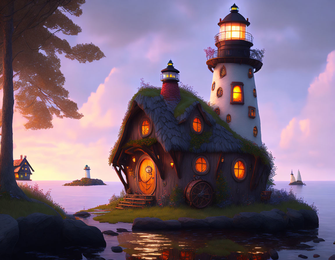 Thatched Roof Lighthouse Cottage on Shoreline at Dusk