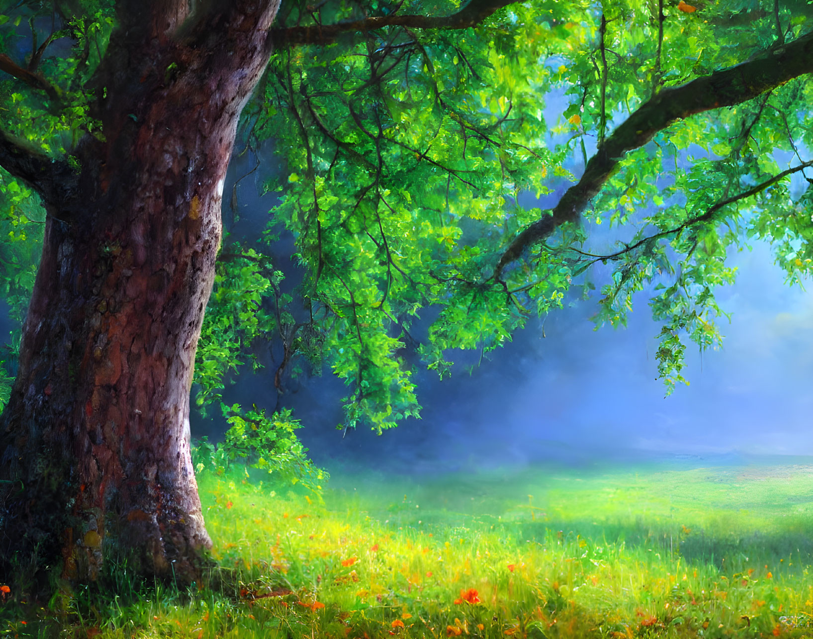 Majestic tree with lush green canopy in vibrant meadow