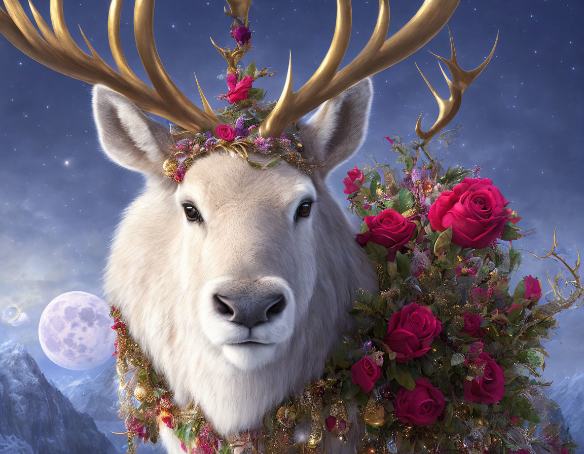 White reindeer with golden antlers in moonlit mountain scene