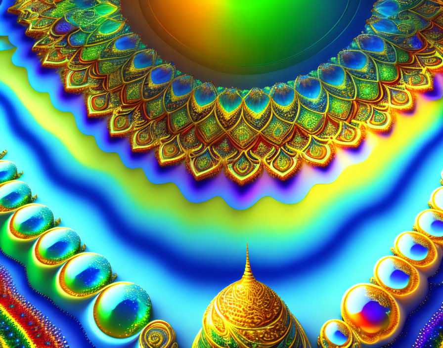 Colorful Fractal Image with Peacock Feather Patterns and Psychedelic Mandala