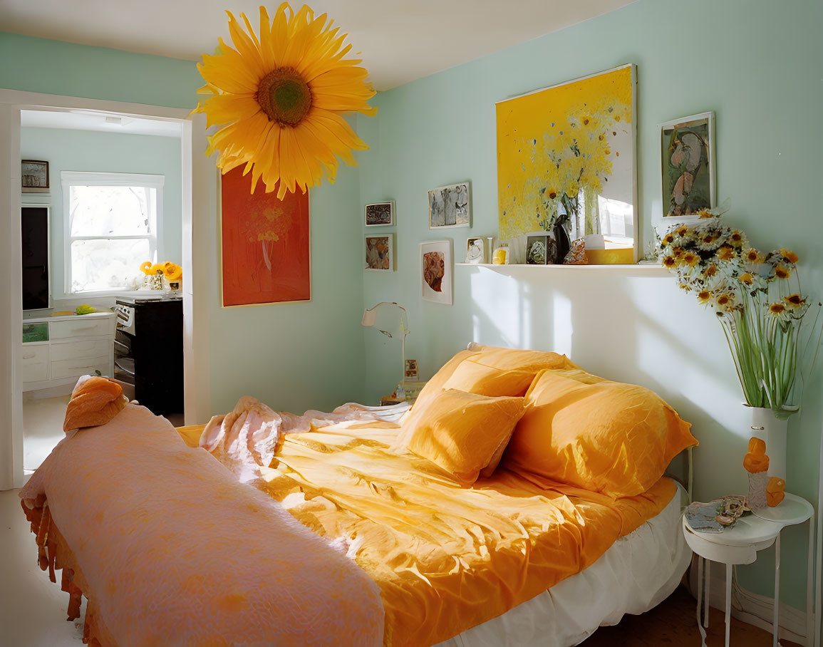 Vibrant turquoise and yellow bedroom with sunflower decor.