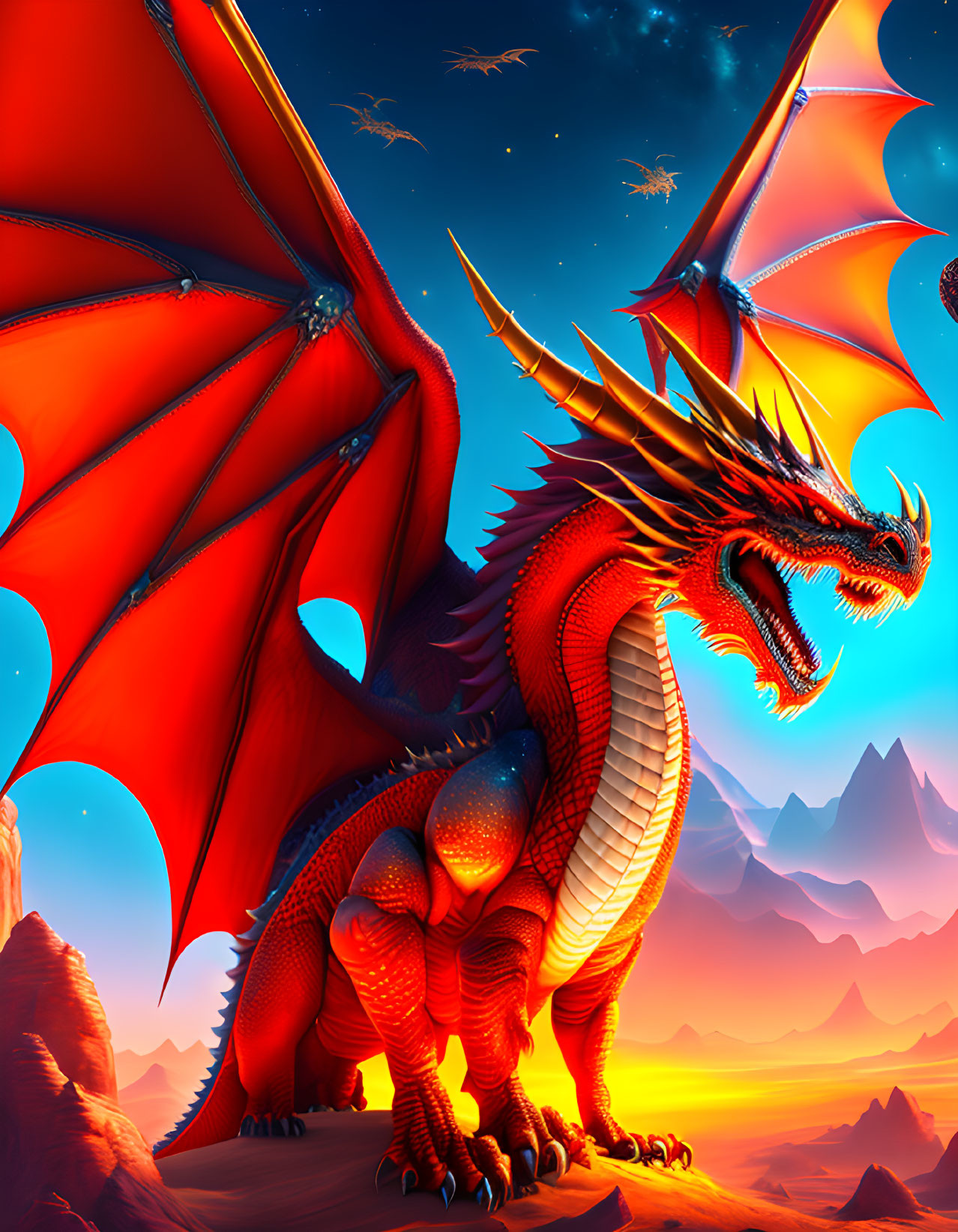 Red dragon with outstretched wings on rocky terrain at sunset.