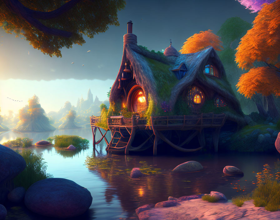 Fantasy scene: Whimsical tree houses by river at dusk