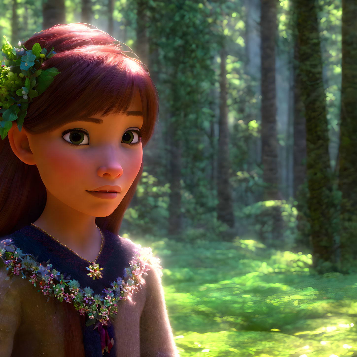 Auburn-Haired 3D Animated Character in Floral Dress in Sunlit Forest