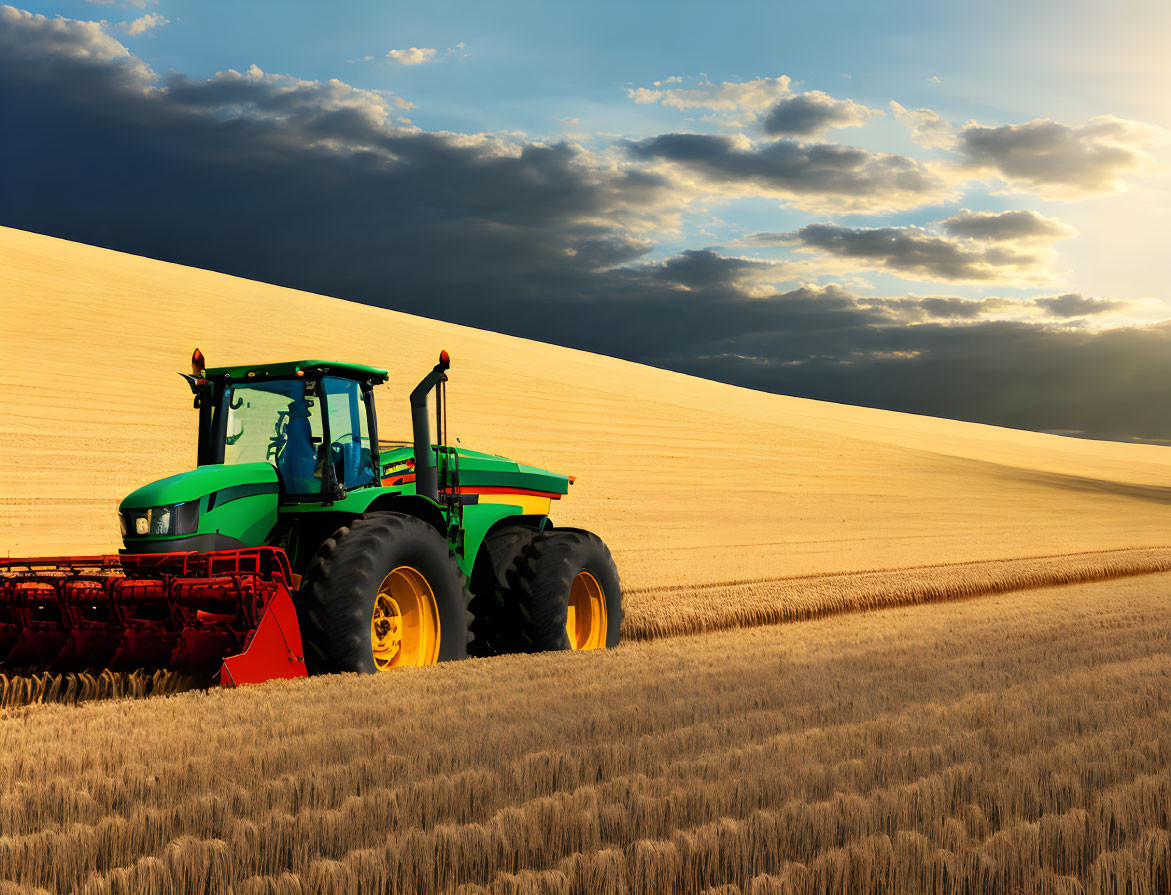 Green tractor with farming attachments in golden wheat field under dramatic sunset sky