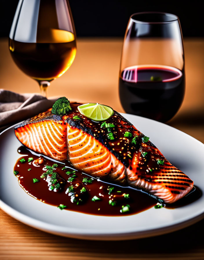 Grilled Salmon Fillet with Lime and Herb Garnish, Served with Sauce and Red Wine Glasses