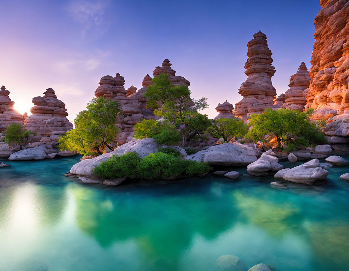 Scenic dusk landscape with turquoise water, rock formations, spires, and green vegetation