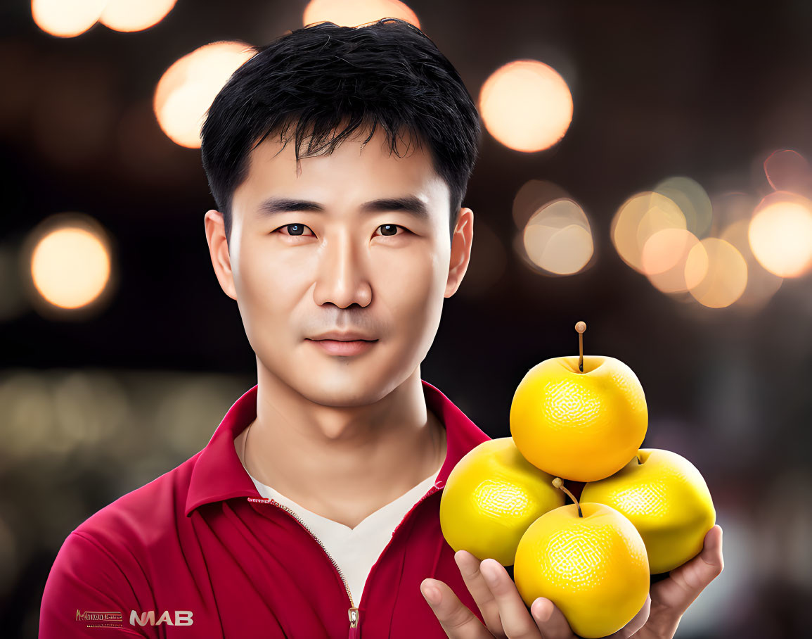 Man in Red Shirt Holding Four Bright Yellow Oranges