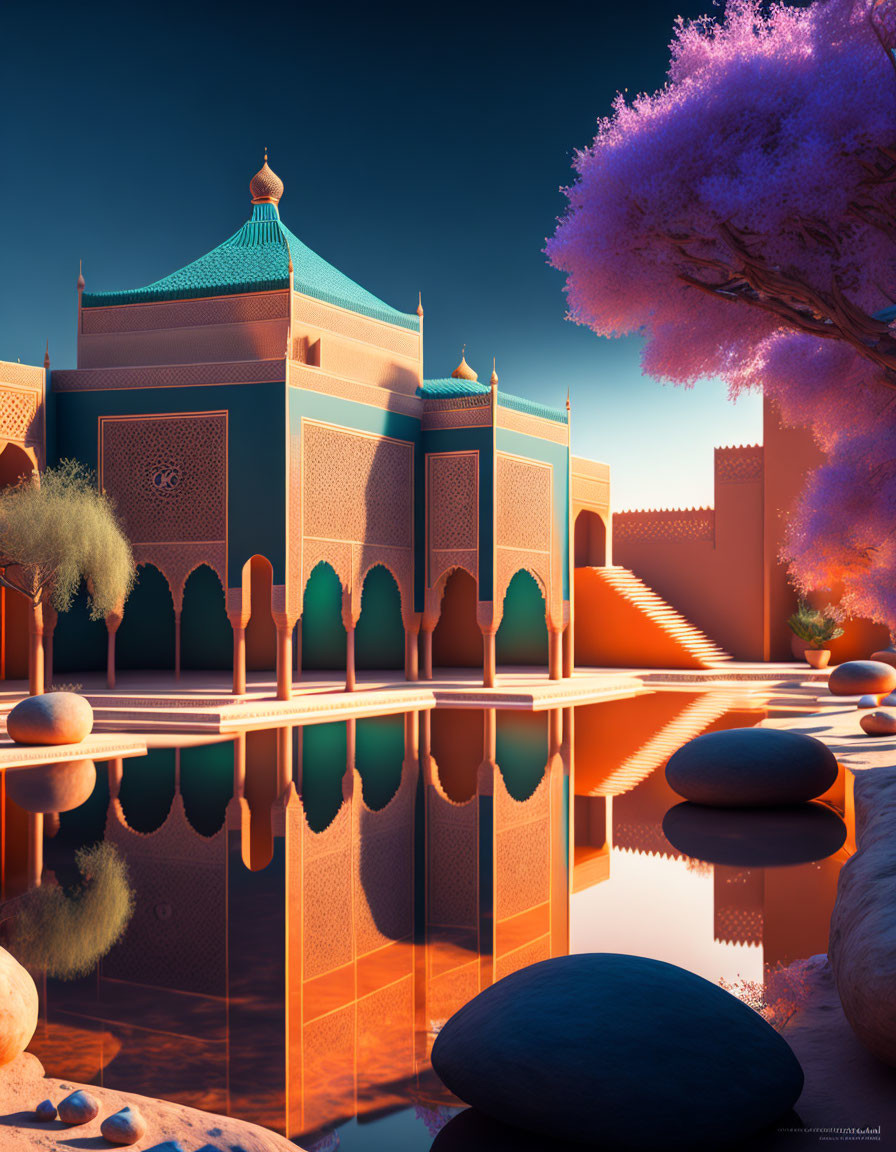 Traditional Moroccan-style building reflected in smooth water with purple foliage trees under clear blue sky