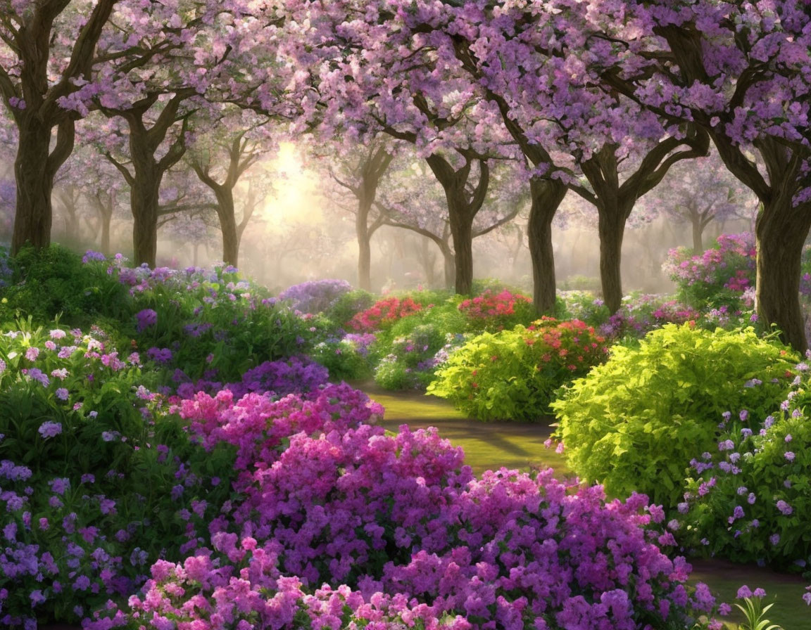 Tranquil garden path with pink cherry blossoms and lush greenery