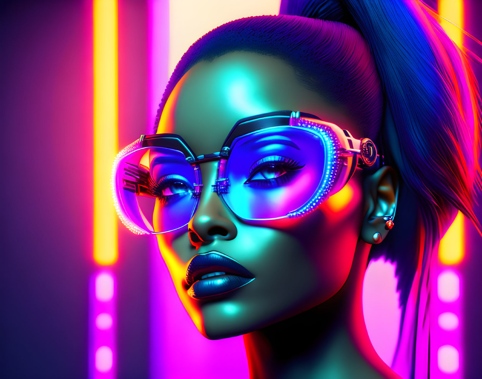 Colorful digital artwork: Female figure with neon-lit glasses and stylized makeup