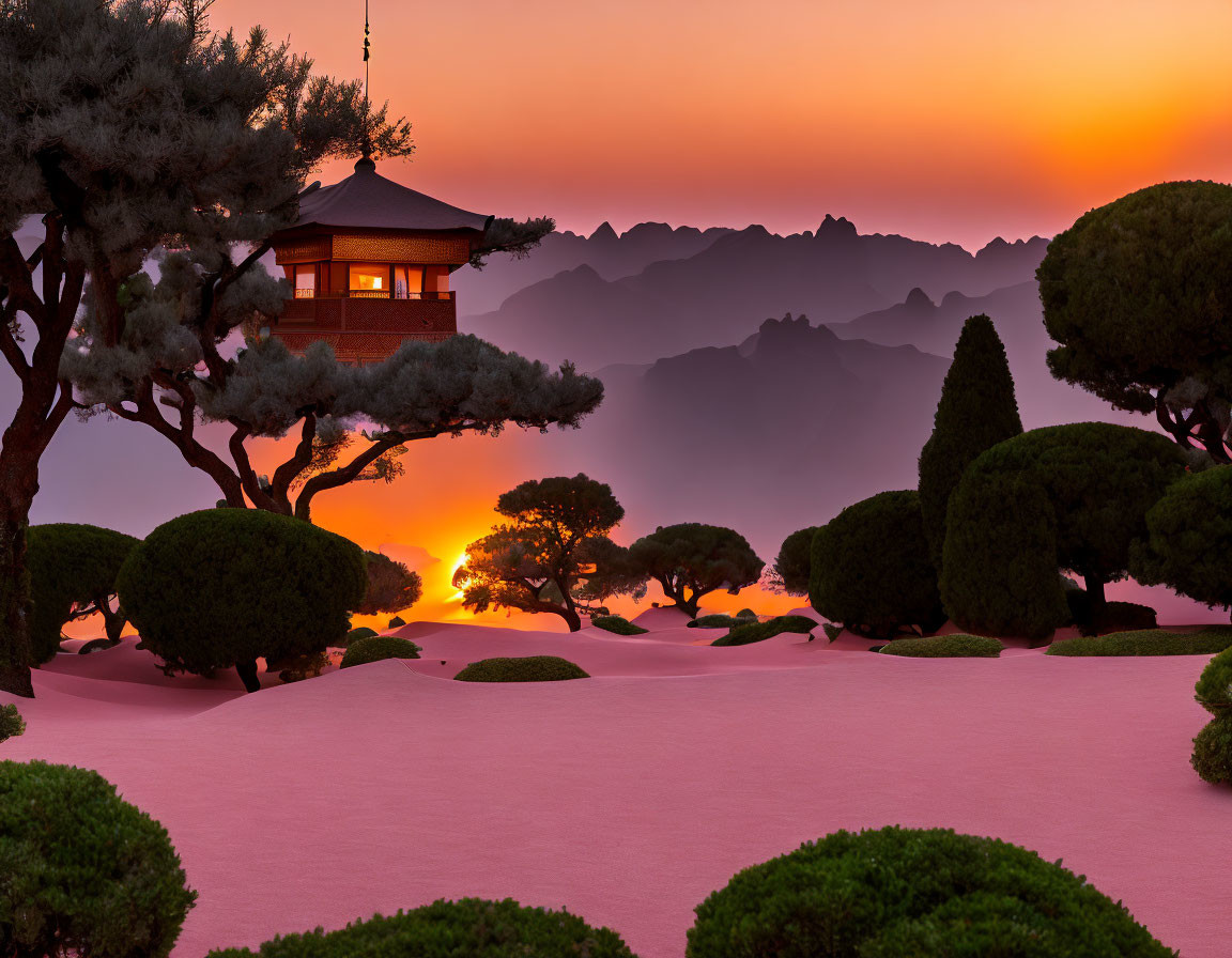 East Asian-style Pavilion Surrounded by Sculpted Trees and Mountain Silhouettes at Sunset