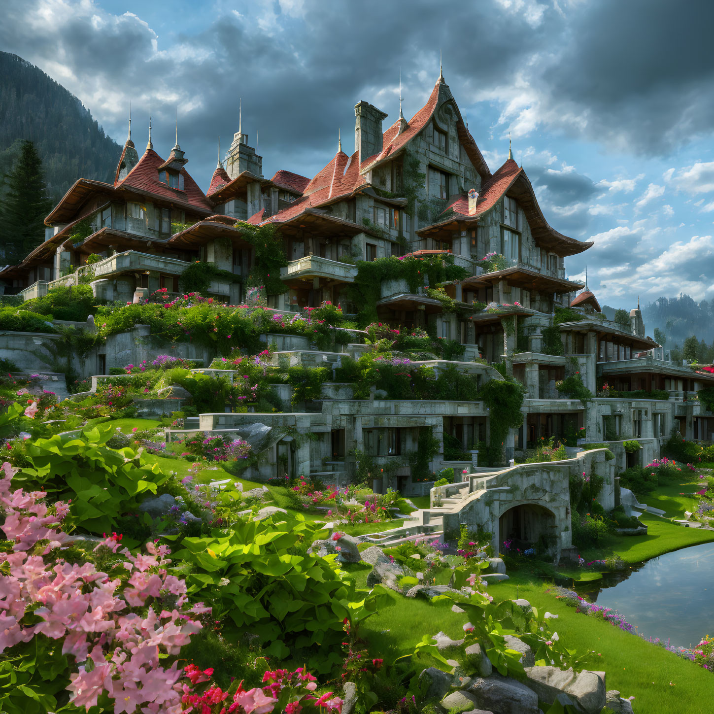 Multi-story Chalet with Flowering Balconies in Lush Greenery