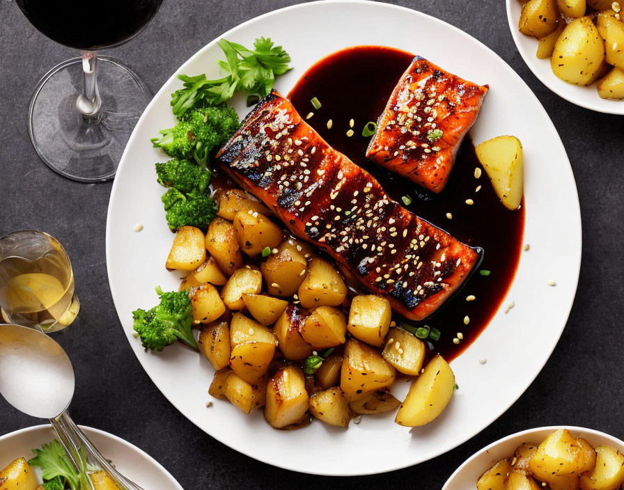 Sesame-Crusted Grilled Salmon with Roasted Potatoes and Broccoli