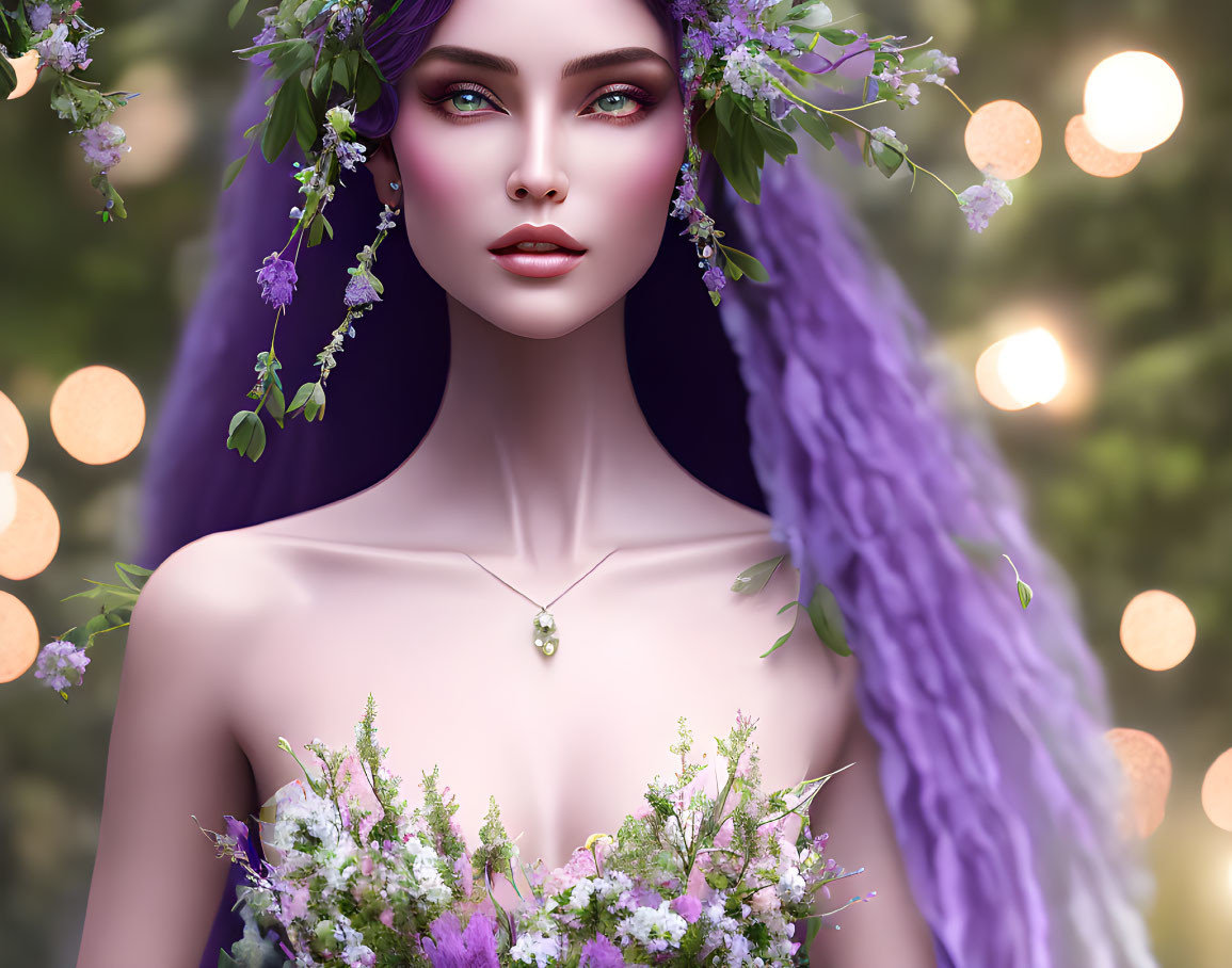 Illustrated woman with violet hair, floral crown, bouquet, soft lights, greenery