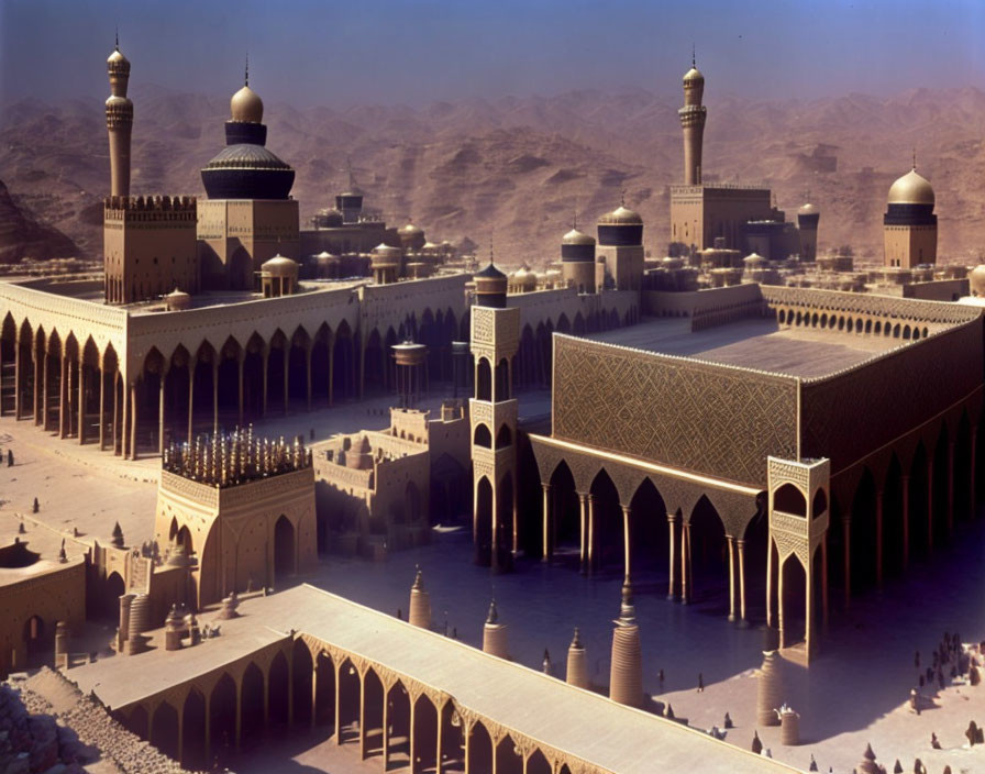 Mosque with domes and minarets in desert landscape