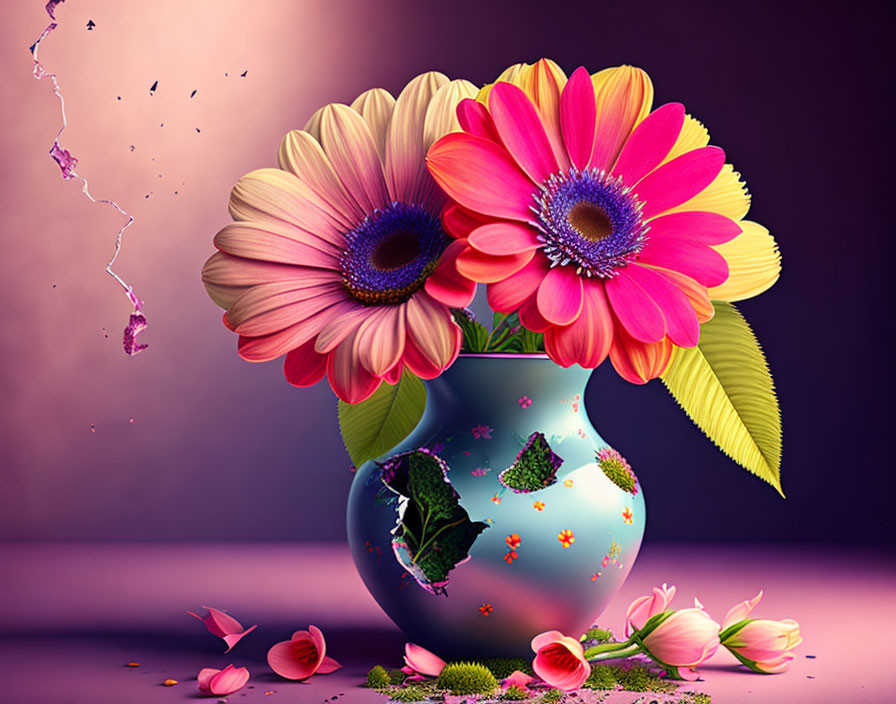 Colorful Gerbera Daisies Bouquet in Blue Vase on Purple Background